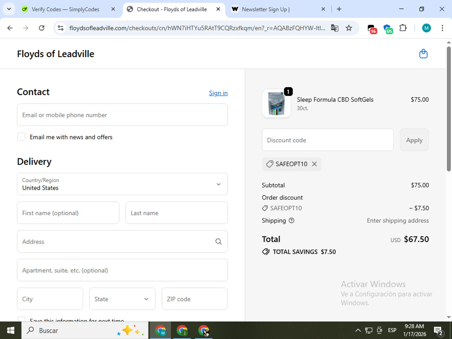 Floyd's of Leadville checkout page showing Floyd's of Leadville promo code box | Screenshot taken by SimplyCodes community member on Jan 17, 2026