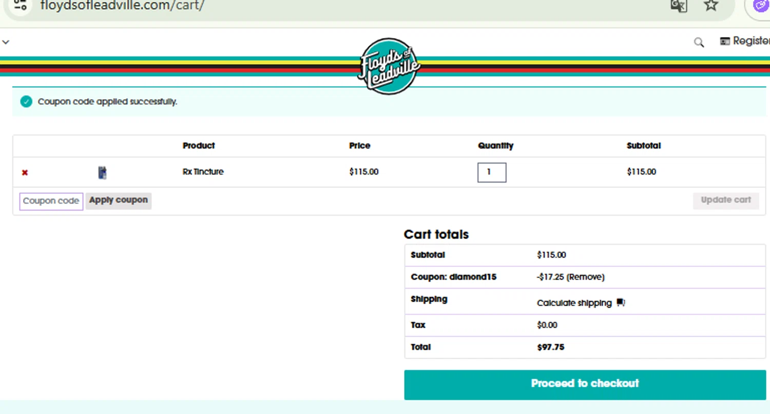 Floyd's of Leadville promo code screenshot showing code DIAMOND15 applied at Floyd's of Leadville checkout page. Uploaded by SimplyCodes community member CashMaestro9337 on Jun 27, 2025
