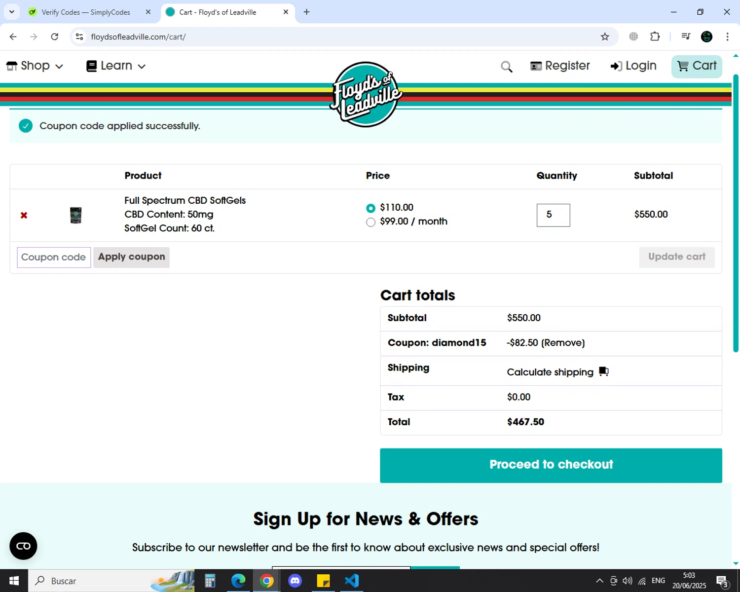 Floyd's of Leadville promo code screenshot showing code DIAMOND15 applied at Floyd's of Leadville checkout page. Uploaded by SimplyCodes community member MoneyGenius452 on Jun 20, 2025