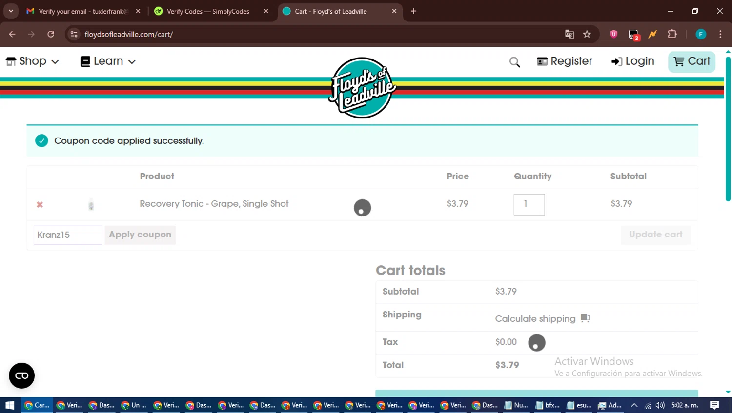 Floyd's of Leadville promo code screenshot showing code Kranz15 applied at Floyd's of Leadville checkout page. Uploaded by SimplyCodes community member ShrewdTitan3233 on Jun 20, 2025
