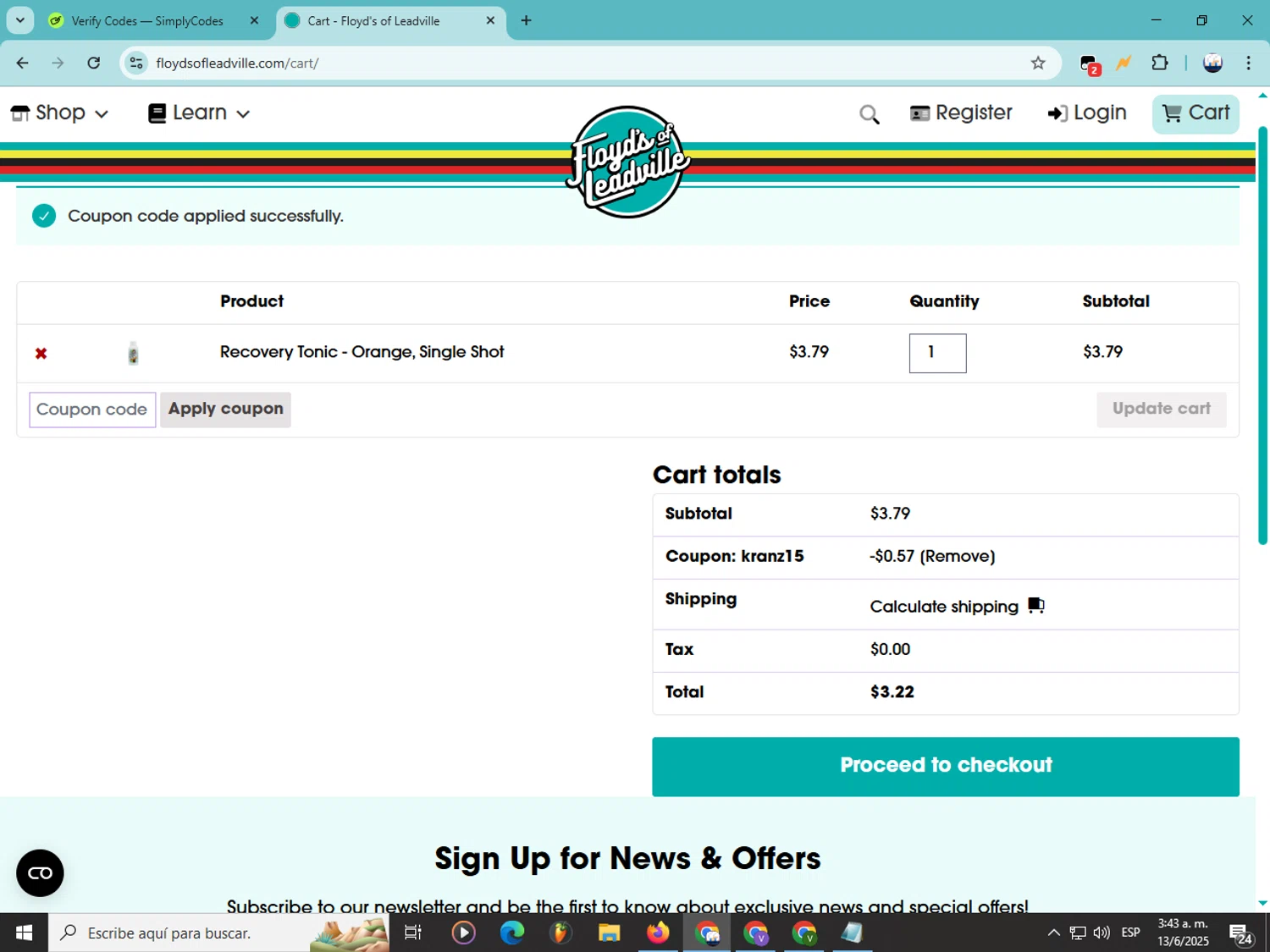 Floyd's of Leadville promo code screenshot showing code Kranz15 applied at Floyd's of Leadville checkout page. Uploaded by SimplyCodes community member Soyvictor on Jun 13, 2025