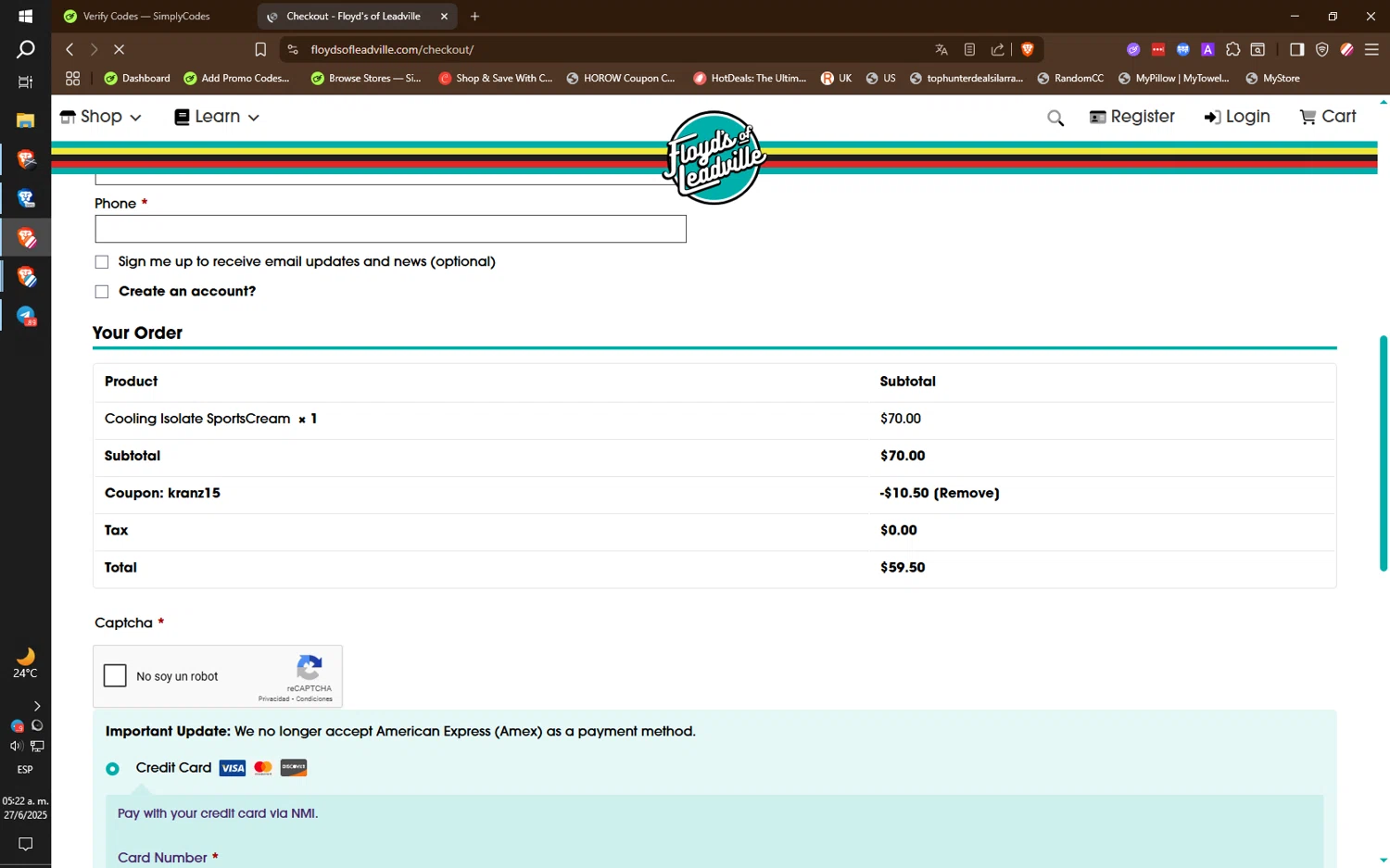Floyd's of Leadville promo code screenshot showing code Kranz15 applied at Floyd's of Leadville checkout page. Uploaded by SimplyCodes community member IronMind4607 on Jun 27, 2025