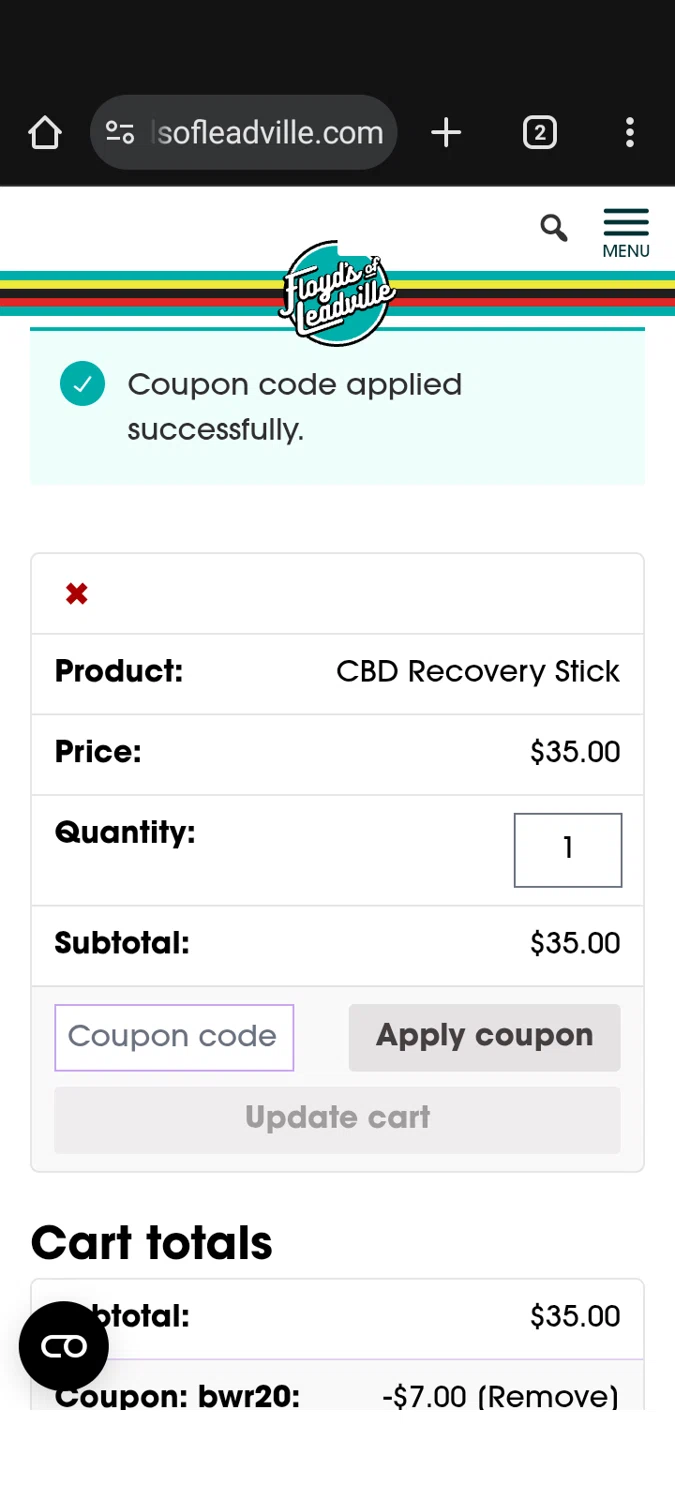 Floyd's of Leadville promo code screenshot showing code BWR20 applied at Floyd's of Leadville checkout page. Uploaded by SimplyCodes community member Rossimar on Jun 20, 2025