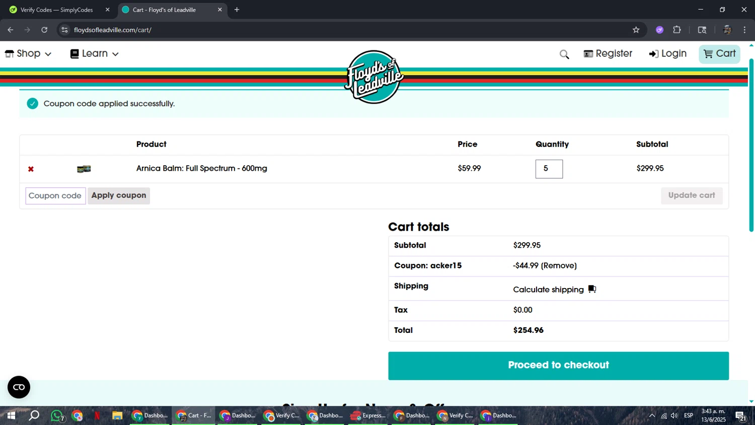 Floyd's of Leadville promo code screenshot showing code ACKER15 applied at Floyd's of Leadville checkout page. Uploaded by SimplyCodes community member xxdddd on Jun 13, 2025