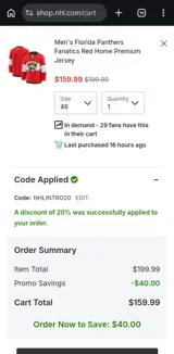 Florida Panthers Shop coupon verification screenshot