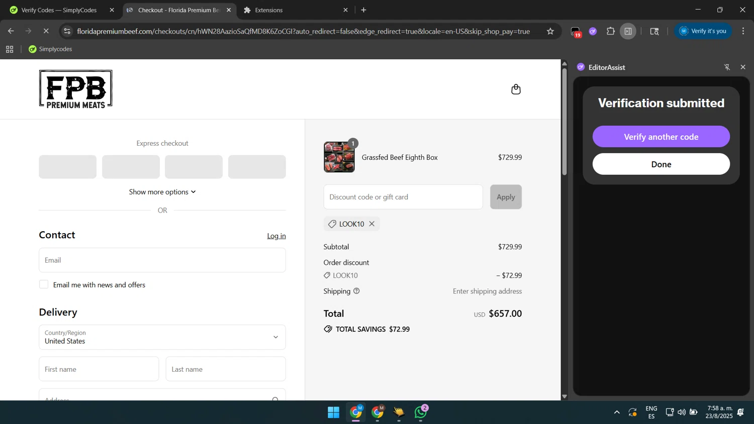 Florida Premium Beef promo code screenshot showing code LOOK10 applied at Florida Premium Beef checkout page. Uploaded by SimplyCodes community member GloriousSaver4644 on Aug 23, 2025