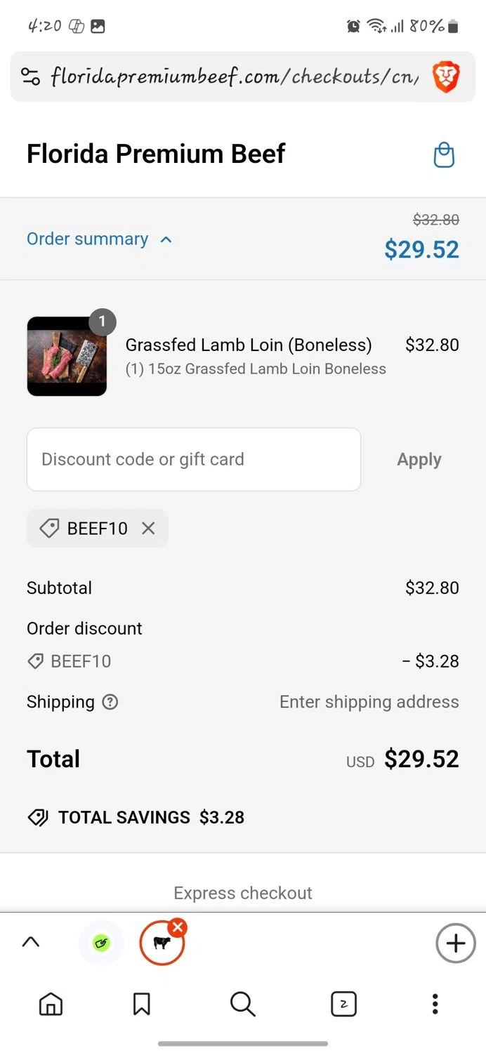Florida Premium Beef promo code screenshot showing code BEEF10 applied at Florida Premium Beef checkout page. Uploaded by SimplyCodes community member GoldLynx7797 on Mar 10, 2025