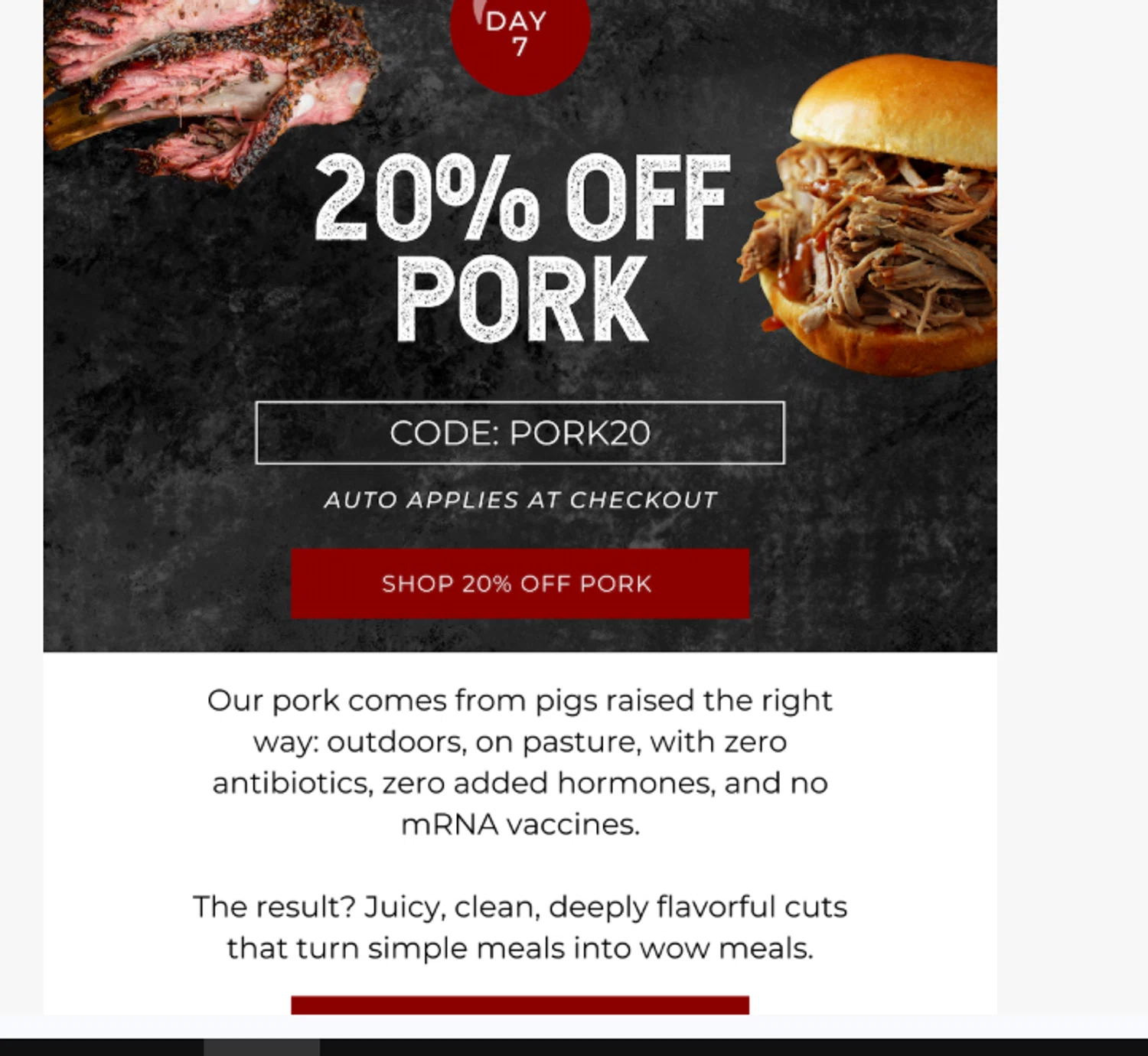 Florida Premium Beef promo code screenshot showing code pork20 applied at Florida Premium Beef checkout page. Uploaded by SimplyCodes community member Logoteam on Dec 9, 2025
