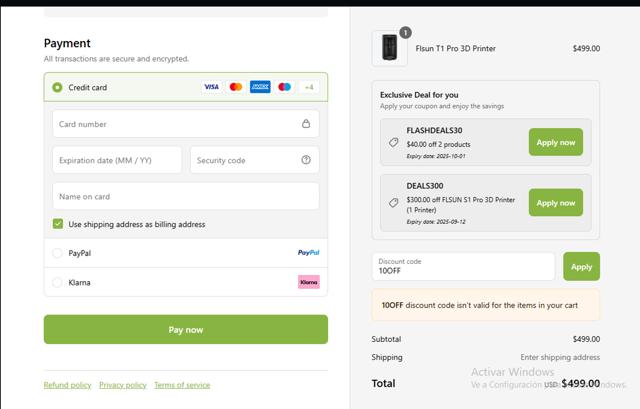 FLSUN checkout page showing FLSUN discount code box | Screenshot taken by SimplyCodes community member on Sep 8, 2025