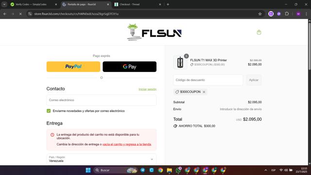 FLSUN checkout page showing FLSUN discount code box | Screenshot taken by SimplyCodes community member on Jul 23, 2025