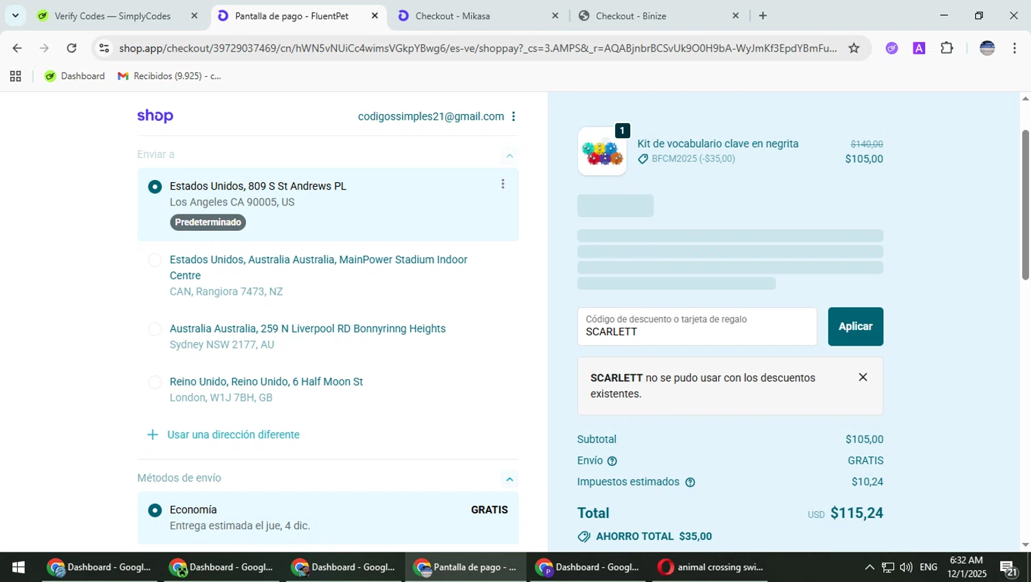 FluentPet promo code screenshot showing code SCARLETT applied at FluentPet checkout page. Uploaded by SimplyCodes community member TrevorPhilips on Dec 1, 2025