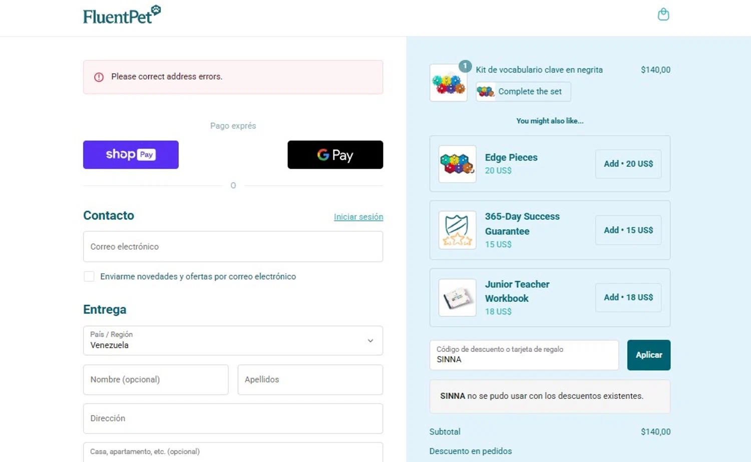 FluentPet promo code screenshot showing code SINNA applied at FluentPet checkout page. Uploaded by SimplyCodes community member CoinScholar3615 on Aug 19, 2025