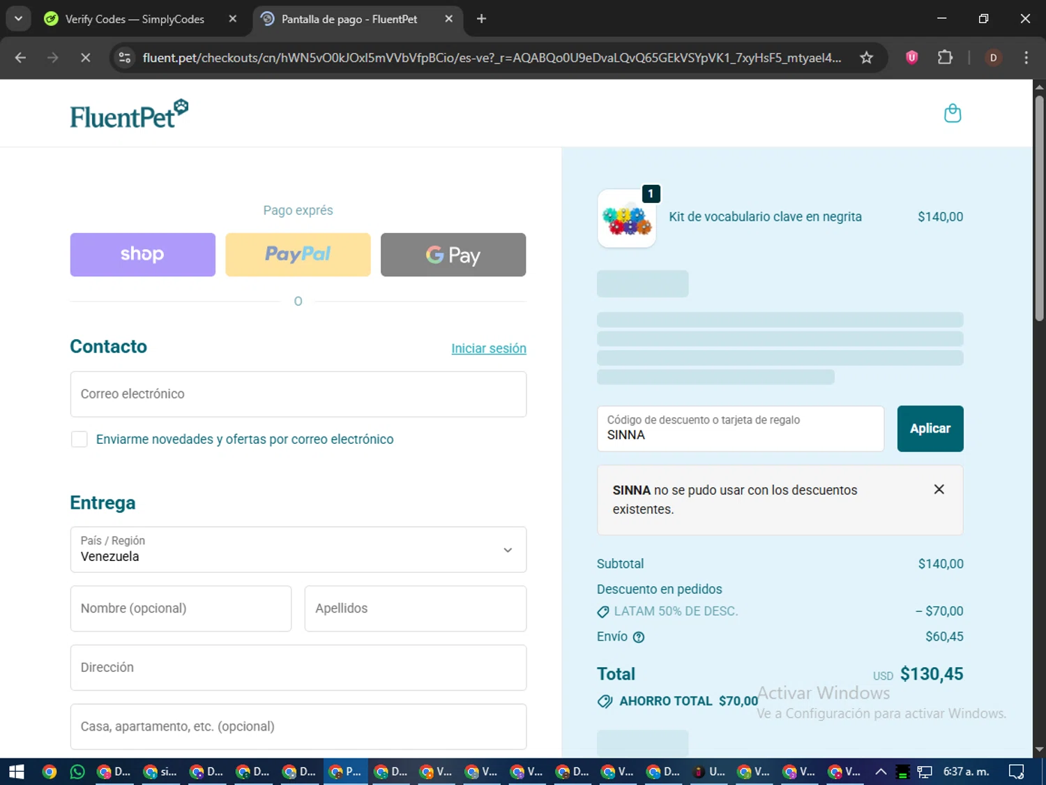 FluentPet promo code screenshot showing code SINNA applied at FluentPet checkout page. Uploaded by SimplyCodes community member liltecca on Dec 1, 2025