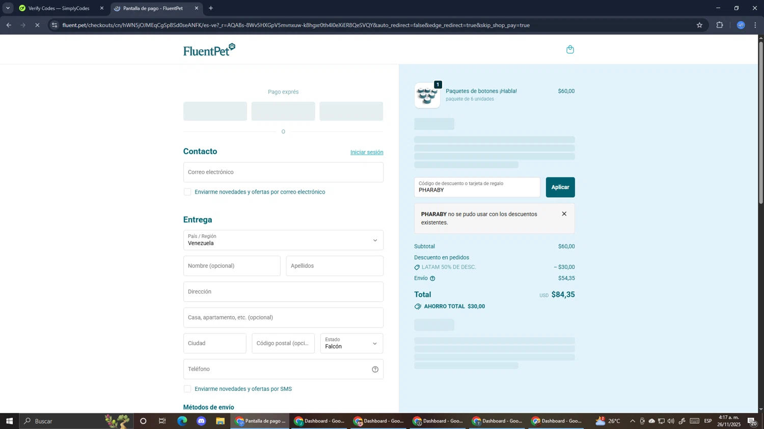 FluentPet promo code screenshot showing code PHARABY applied at FluentPet checkout page. Uploaded by SimplyCodes community member RoyalExpert3857 on Nov 26, 2025