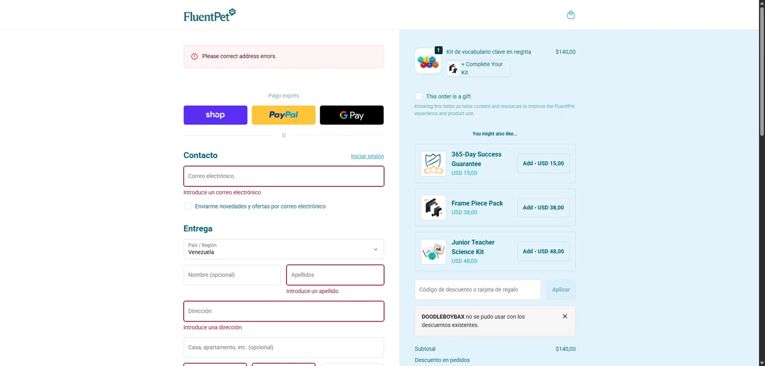 FluentPet promo code screenshot showing code Doodleboybax applied at FluentPet checkout page. Uploaded by SimplyCodes community member SavvyLion5780 on Dec 30, 2025
