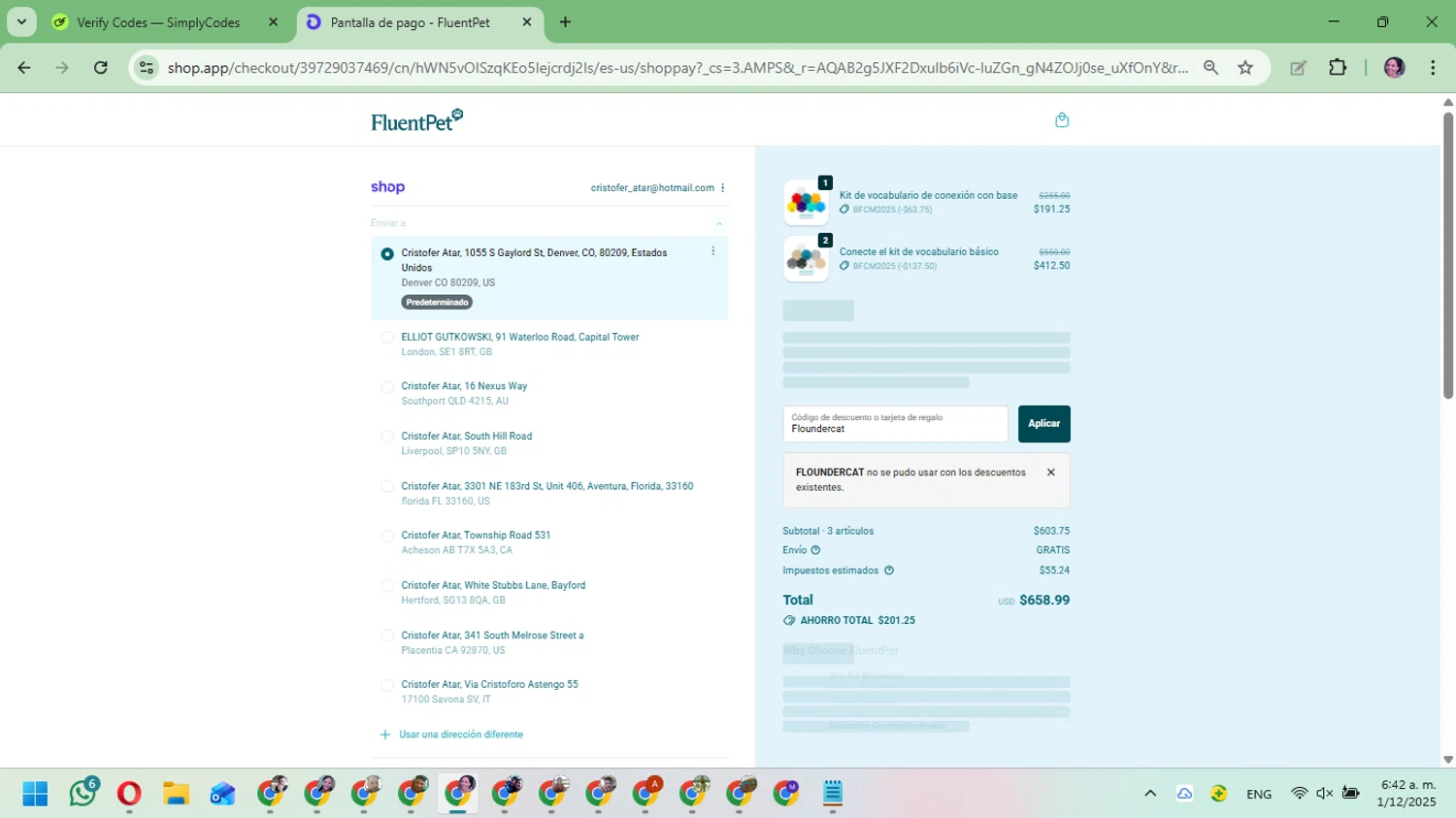 FluentPet promo code screenshot showing code Floundercat applied at FluentPet checkout page. Uploaded by SimplyCodes community member Mari_perez on Dec 1, 2025