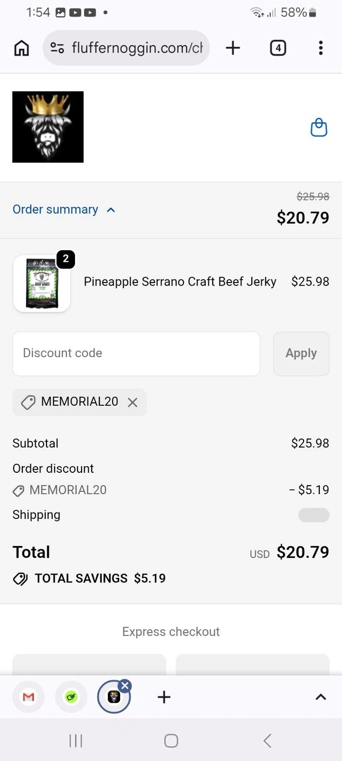 Fluffernoggin promo code screenshot showing code MEMORIAL20 applied at Fluffernoggin checkout page. Uploaded by SimplyCodes community member ScanMaverick9378 on May 23, 2026