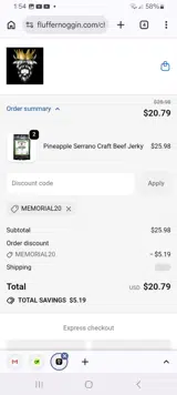 MEMORIAL20 coupon verification screenshot