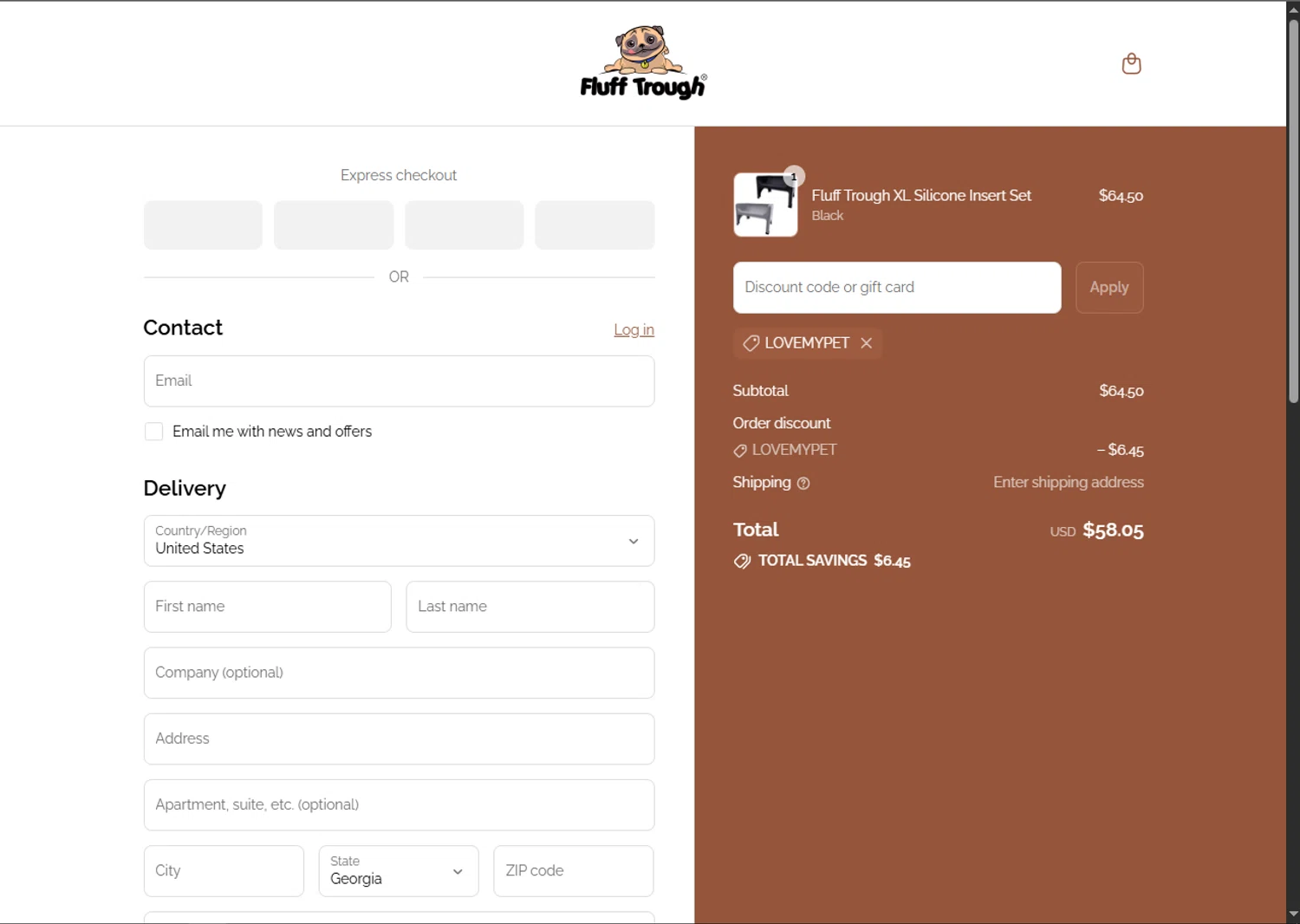 Fluff Trough discount code screenshot showing code LOVEMYPET applied at Fluff Trough checkout page. Uploaded by SimplyCodes community member GoldPhoenix3793 on Aug 22, 2025