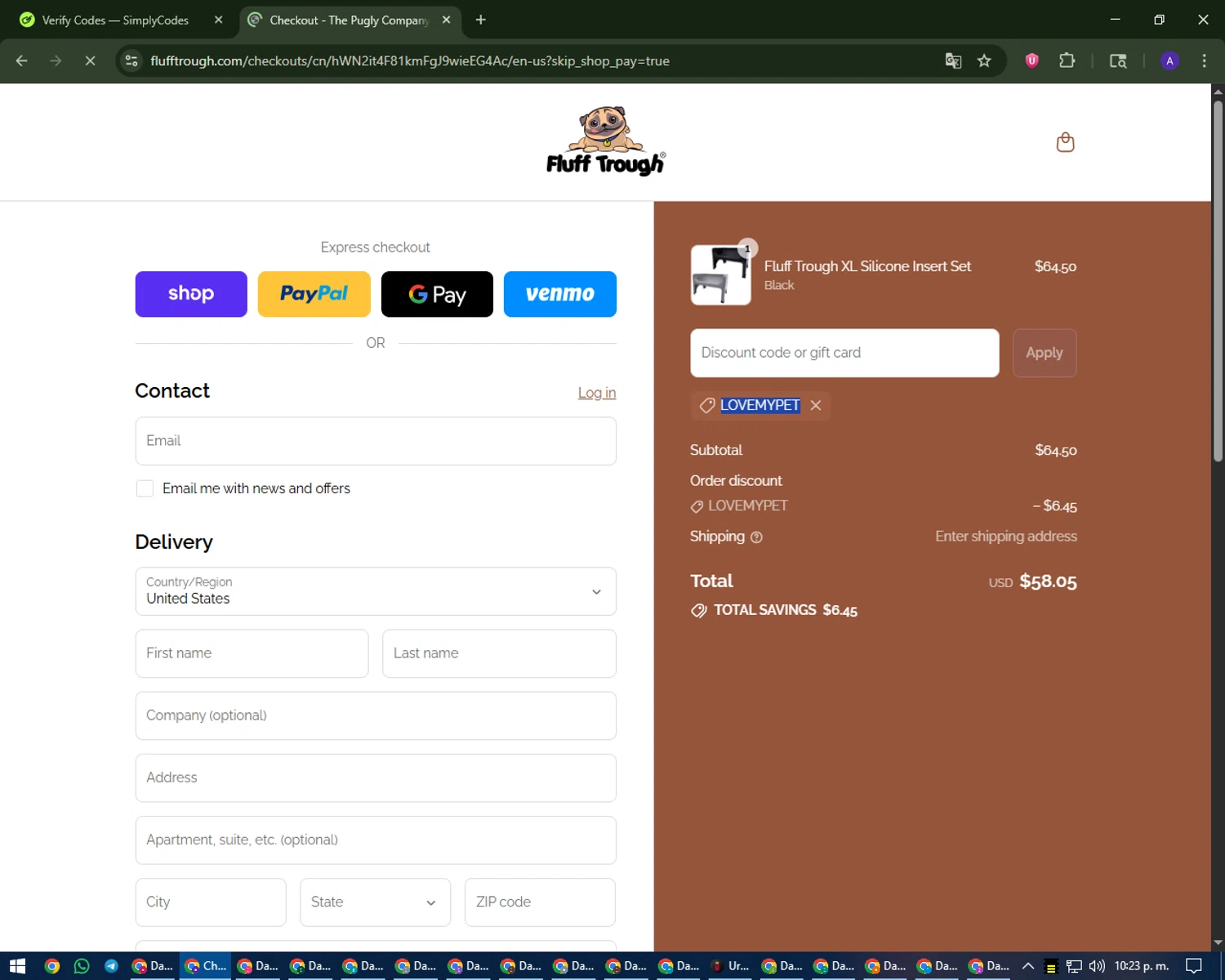 Fluff Trough discount code screenshot showing code LOVEMYPET applied at Fluff Trough checkout page. Uploaded by SimplyCodes community member MagnificentWarden4603 on Sep 8, 2025