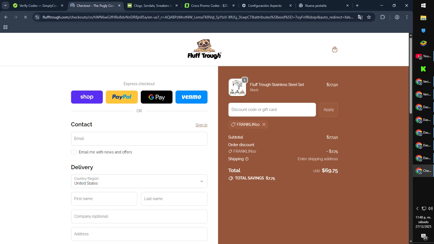 Fluff Trough discount code screenshot showing code FRANKLIN10 applied at Fluff Trough checkout page. Uploaded by SimplyCodes community member Cynoxx on Dec 28, 2025