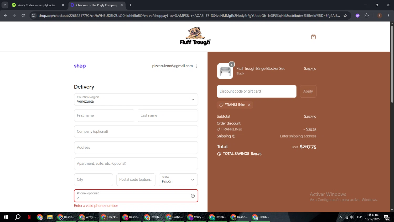 Fluff Trough discount code screenshot showing code FRANKLIN10 applied at Fluff Trough checkout page. Uploaded by SimplyCodes community member ExtraordinaryHunter3076 on Dec 16, 2025
