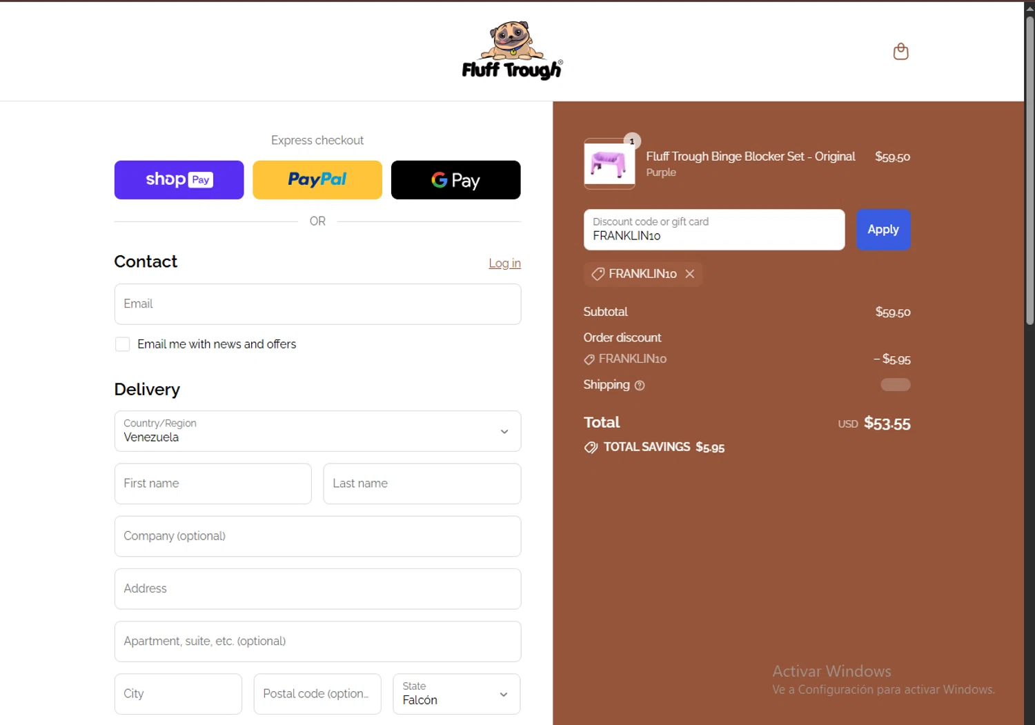 Fluff Trough discount code screenshot showing code FRANKLIN10 applied at Fluff Trough checkout page. Uploaded by SimplyCodes community member LegendaryCurator4133 on Aug 12, 2025
