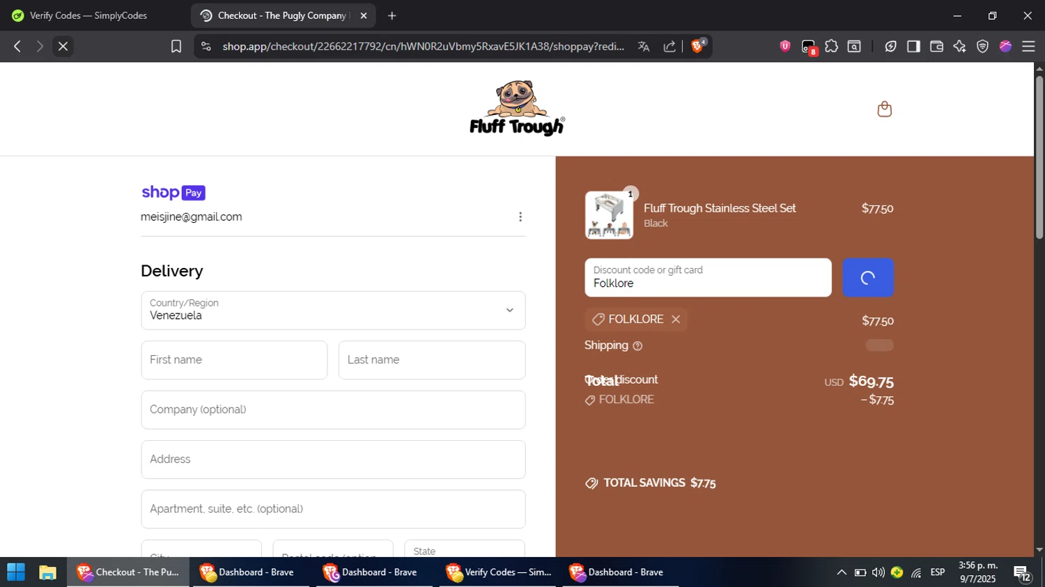 Fluff Trough discount code screenshot showing code Folklore applied at Fluff Trough checkout page. Uploaded by SimplyCodes community member Cynoxx on Jul 9, 2025