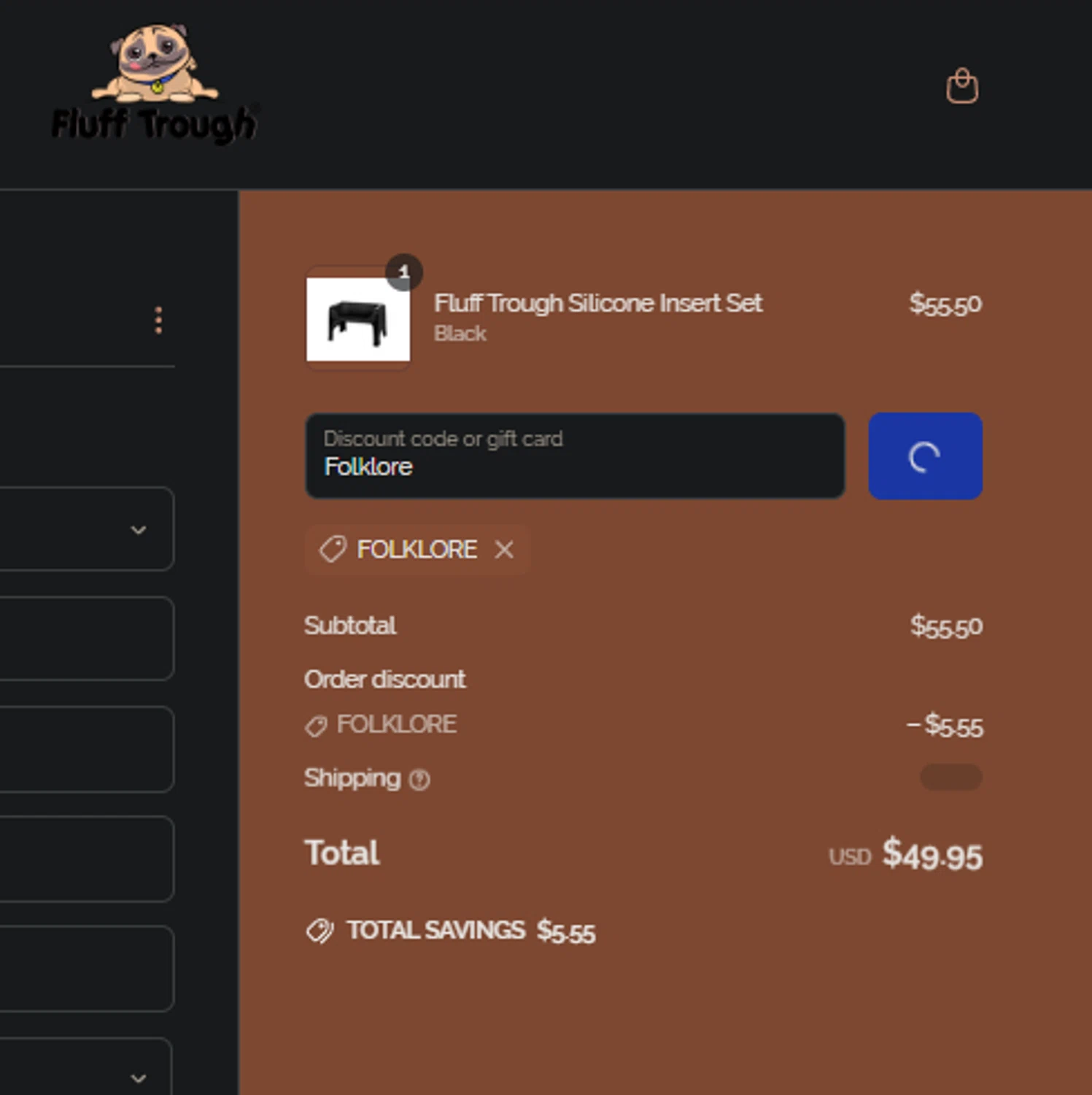 Fluff Trough discount code screenshot showing code Folklore applied at Fluff Trough checkout page. Uploaded by SimplyCodes community member Gianpiero on Jun 25, 2025