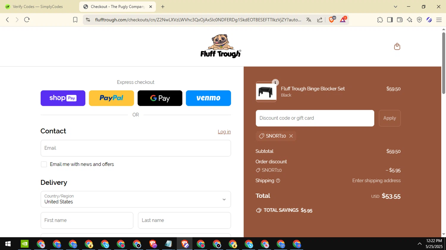 Fluff Trough discount code screenshot showing code SNORT10 applied at Fluff Trough checkout page. Uploaded by SimplyCodes community member davidguardia on May 25, 2025