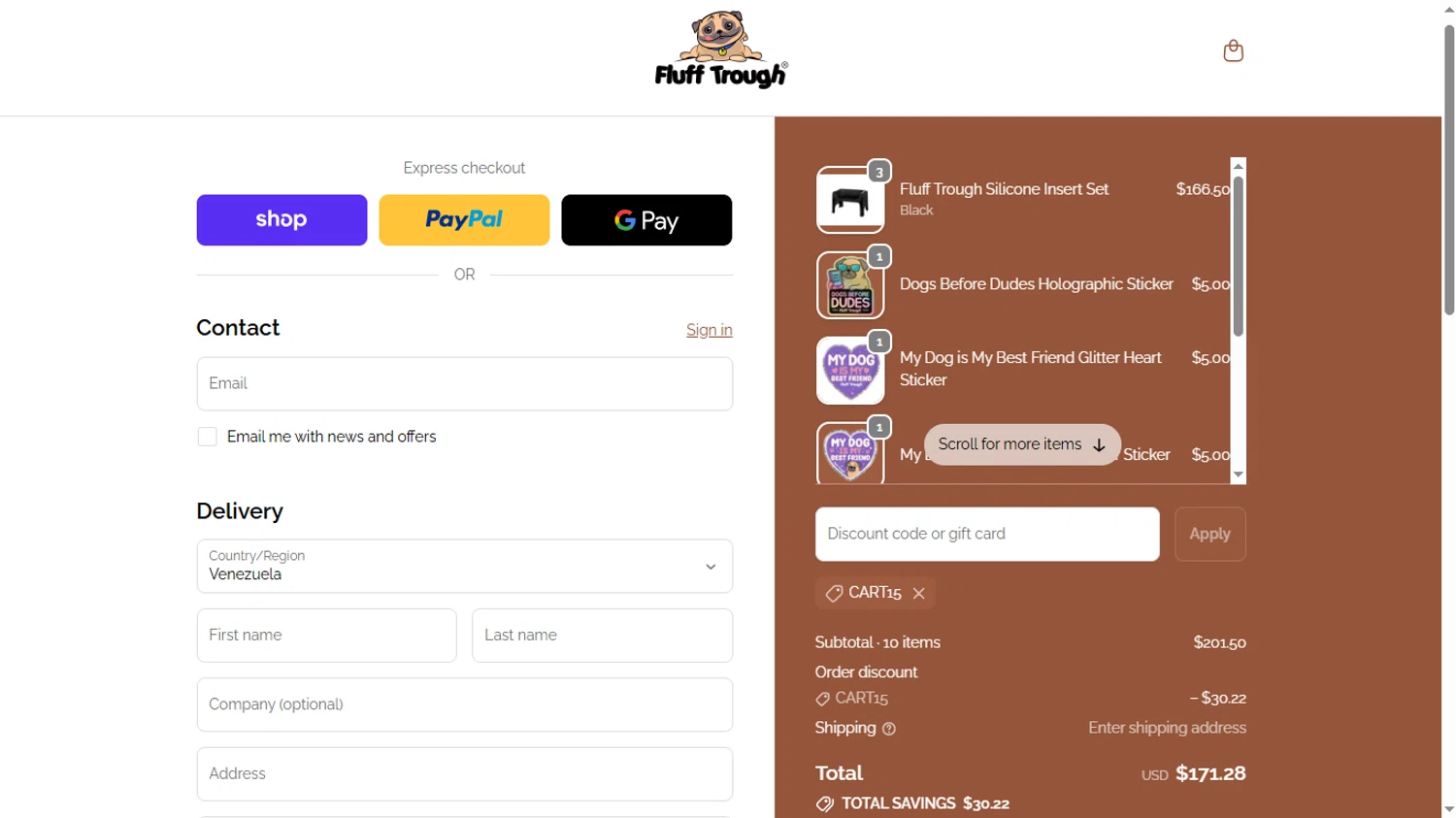 Fluff Trough discount code screenshot showing code CART15 applied at Fluff Trough checkout page. Uploaded by SimplyCodes community member FrugalPro3051 on Dec 5, 2025