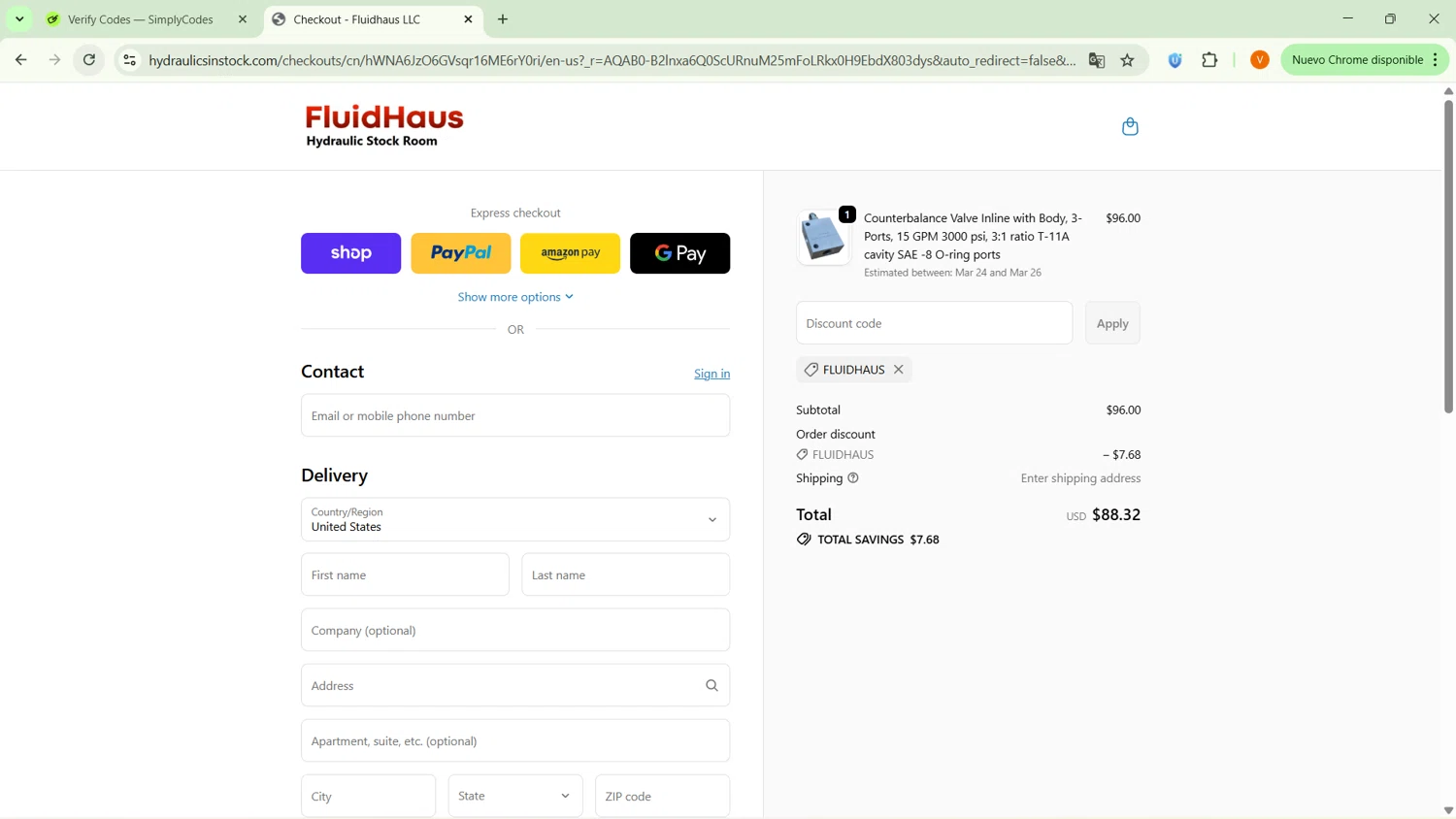 Fluidhaus Stocked Hydraulic promo code screenshot showing code FLUIDHAUS applied at Fluidhaus Stocked Hydraulic checkout page. Uploaded by SimplyCodes community member MightyPro2893 on Mar 21, 2026