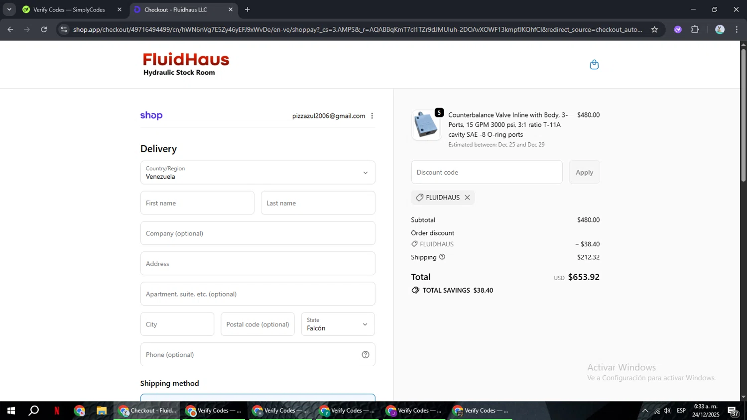 Fluidhaus Stocked Hydraulic promo code screenshot showing code FLUIDHAUS applied at Fluidhaus Stocked Hydraulic checkout page. Uploaded by SimplyCodes community member ShrewdSeeker6165 on Dec 24, 2025