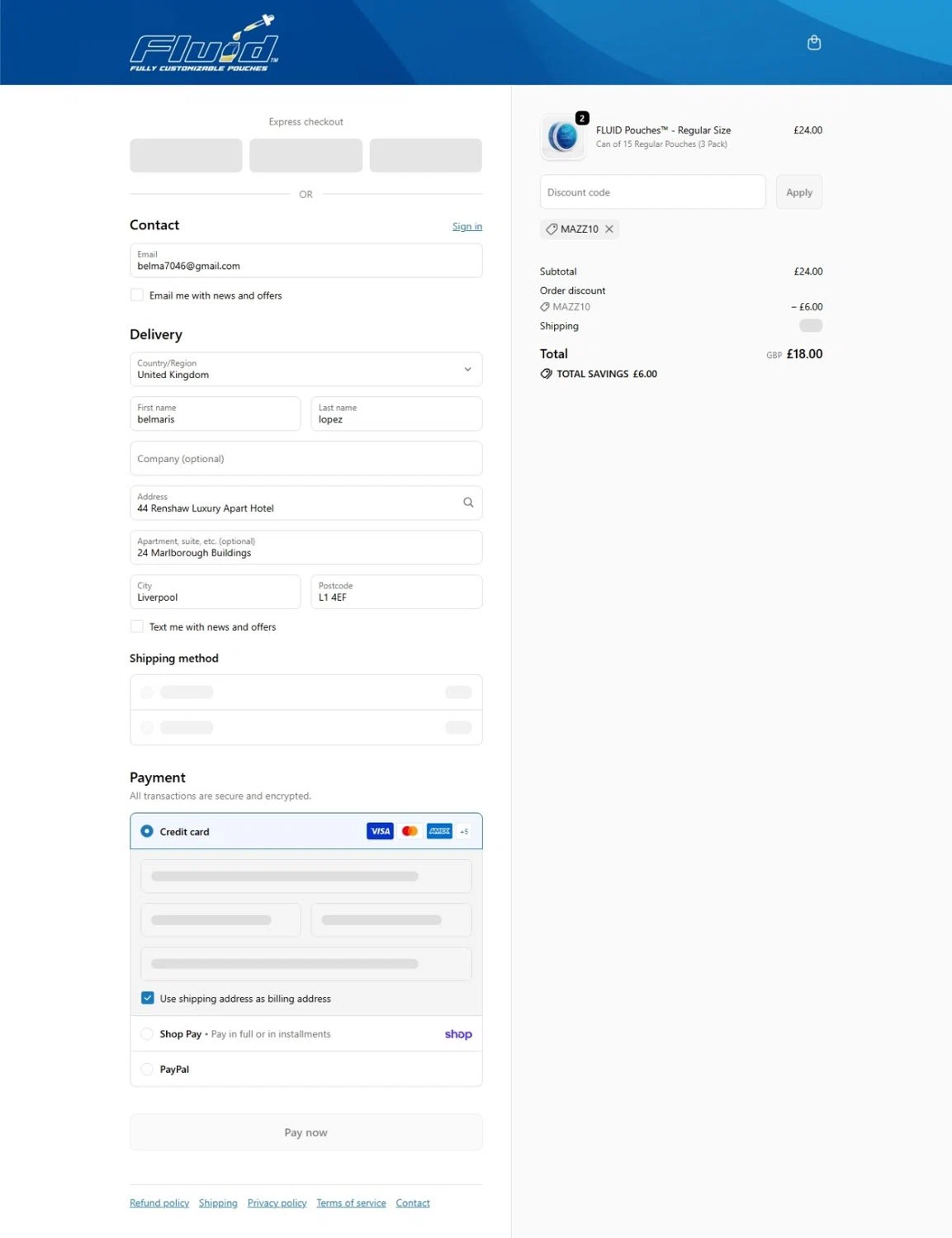 FLUID Pouches promo code screenshot showing code MAZZ10 applied at FLUID Pouches checkout page. Uploaded by SimplyCodes community member belma123 on Jun 20, 2026