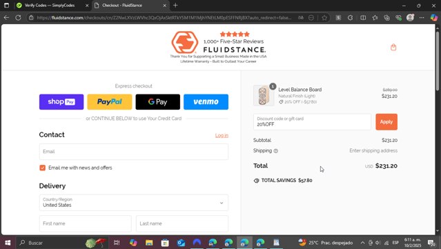 Fluidstance checkout page showing Fluidstance promo code box | Screenshot taken by SimplyCodes community member on Feb 10, 2025