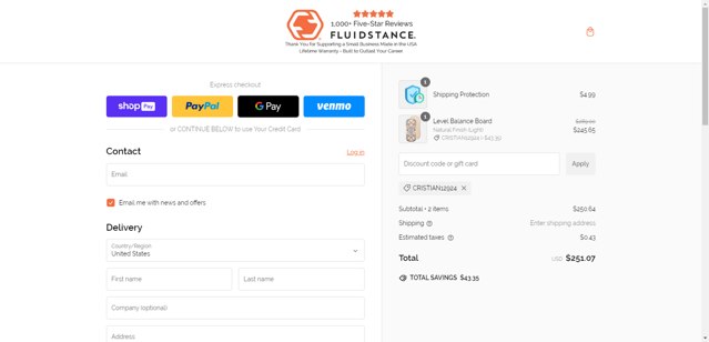 Fluidstance checkout page showing Fluidstance promo code box | Screenshot taken by SimplyCodes community member on Dec 10, 2024