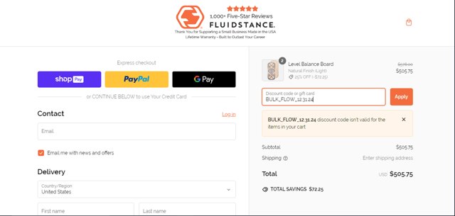 Fluidstance checkout page showing Fluidstance promo code box | Screenshot taken by SimplyCodes community member on Dec 29, 2024