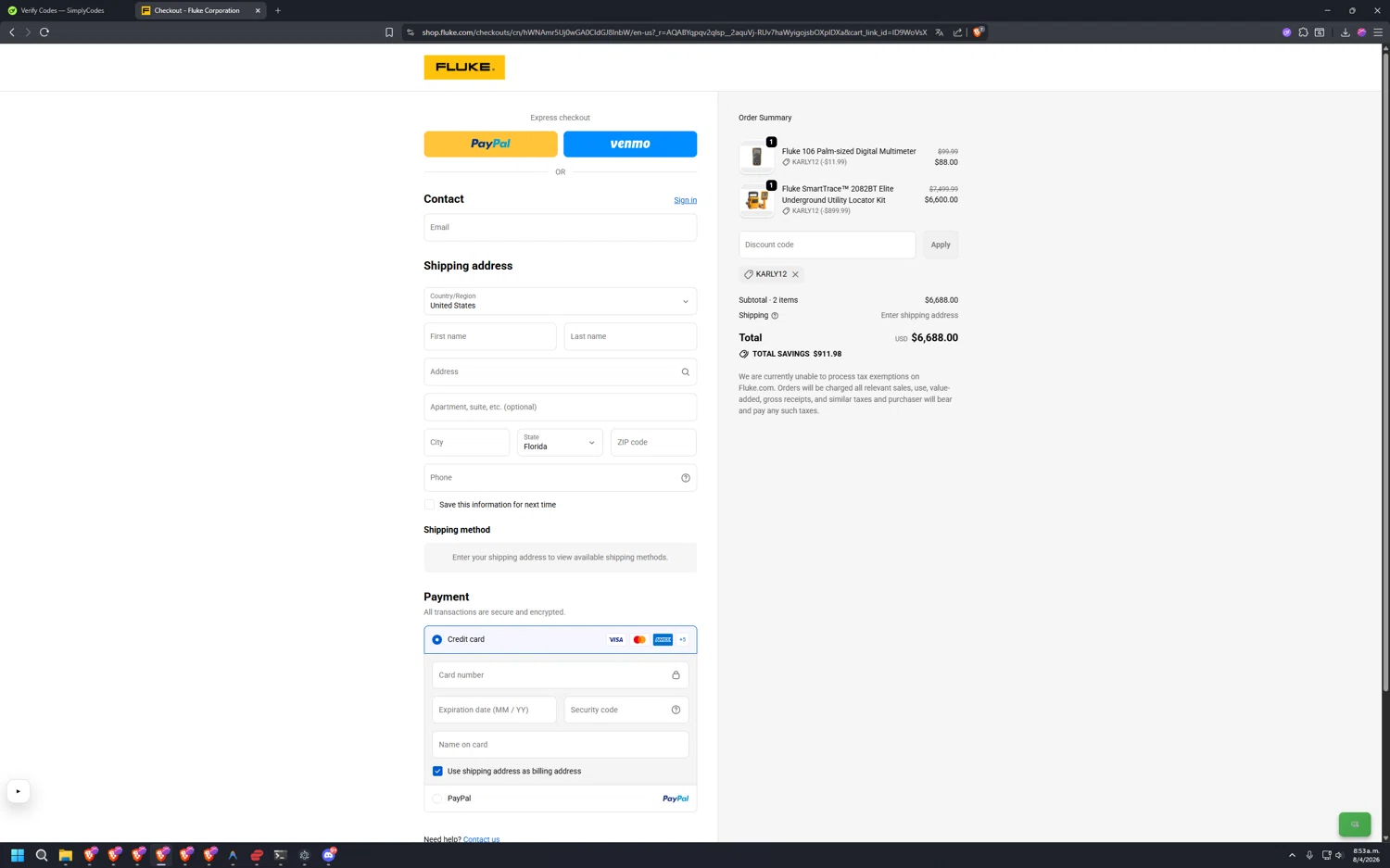 Fluke promo code screenshot showing code KARLY12 applied at Fluke checkout page. Uploaded by SimplyCodes community member INSOLATION on Apr 8, 2026