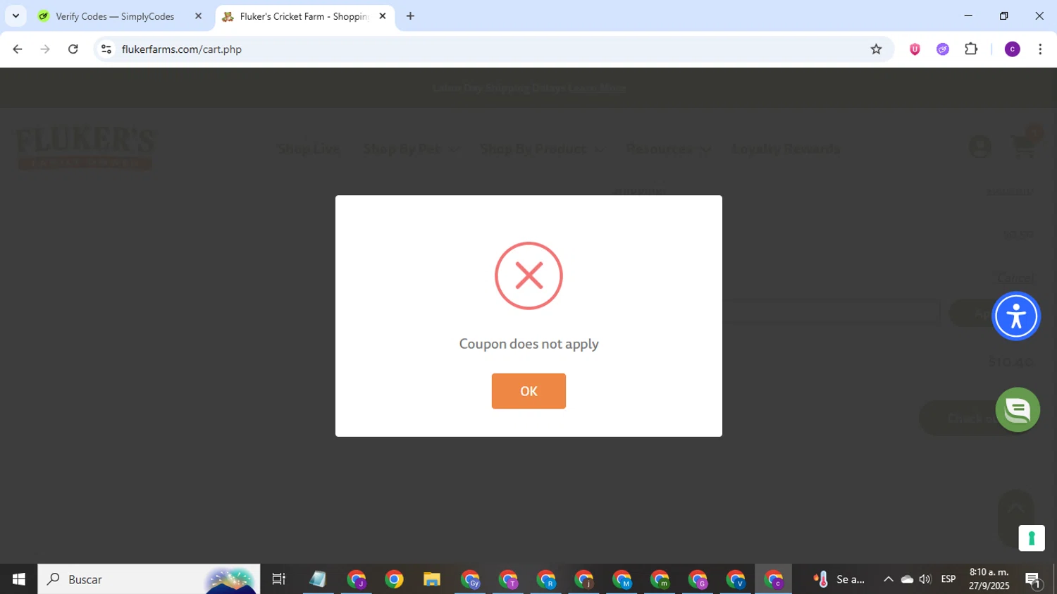 Fluker Farms promo code screenshot showing code HERPVIP10 applied at Fluker Farms checkout page. Uploaded by SimplyCodes community member Jorge24 on Sep 27, 2025