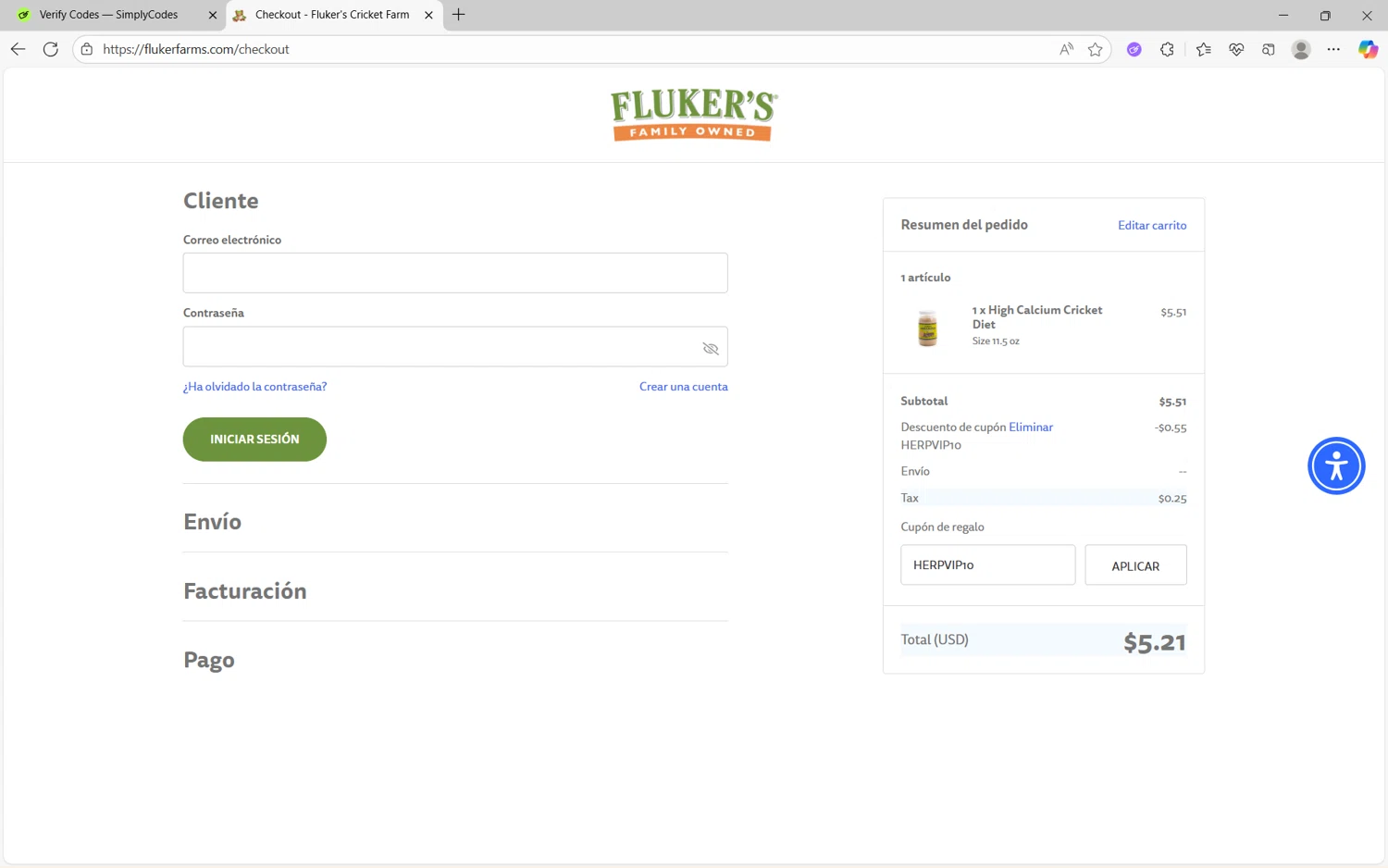 Fluker Farms promo code screenshot showing code HERPVIP10 applied at Fluker Farms checkout page. Uploaded by SimplyCodes community member juan1702 on Sep 27, 2025