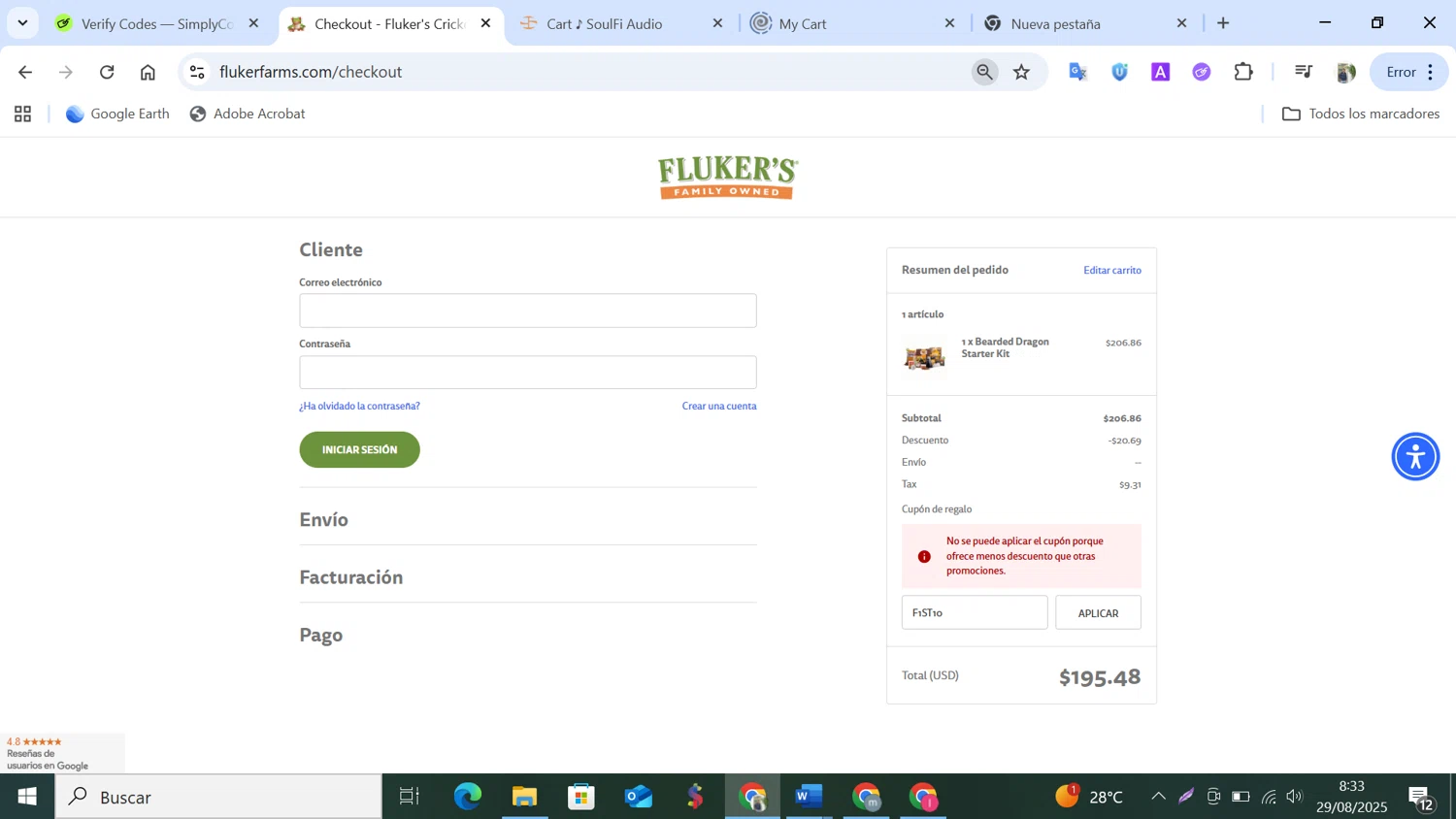 Fluker Farms promo code screenshot showing code F1ST10 applied at Fluker Farms checkout page. Uploaded by SimplyCodes community member NobleMonarch5837 on Aug 29, 2025