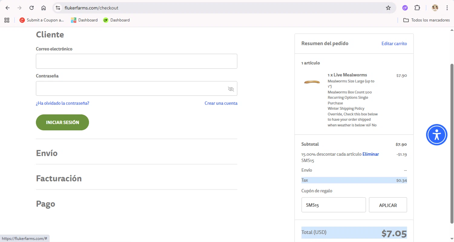 Fluker Farms promo code screenshot showing code SMS15 applied at Fluker Farms checkout page. Uploaded by SimplyCodes community member LegendaryTitan9160 on Sep 27, 2025