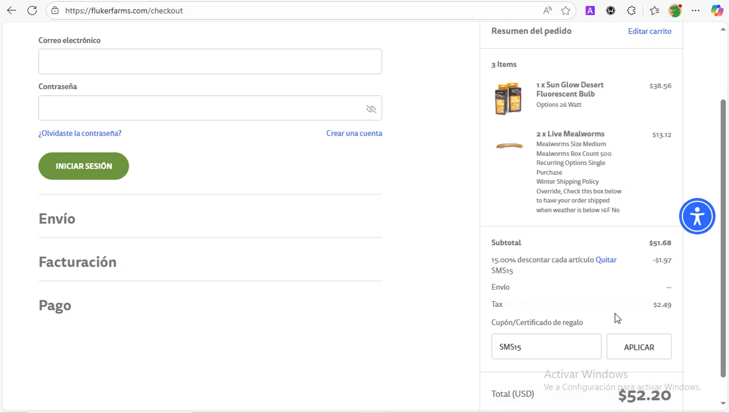 Fluker Farms promo code screenshot showing code SMS15 applied at Fluker Farms checkout page. Uploaded by SimplyCodes community member PrincessCoupon on Oct 26, 2025