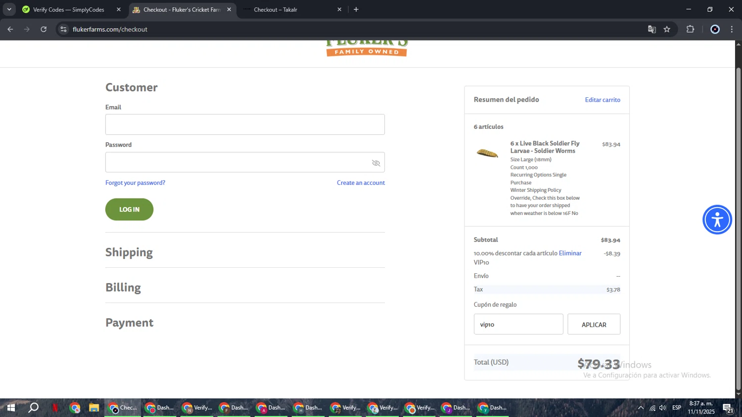Fluker Farms promo code screenshot showing code vip10 applied at Fluker Farms checkout page. Uploaded by SimplyCodes community member RoyalBoss4384 on Nov 11, 2025