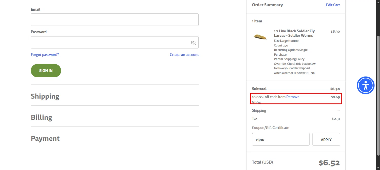 Fluker Farms promo code screenshot showing code vip10 applied at Fluker Farms checkout page. Uploaded by SimplyCodes community member noworries on Nov 11, 2025