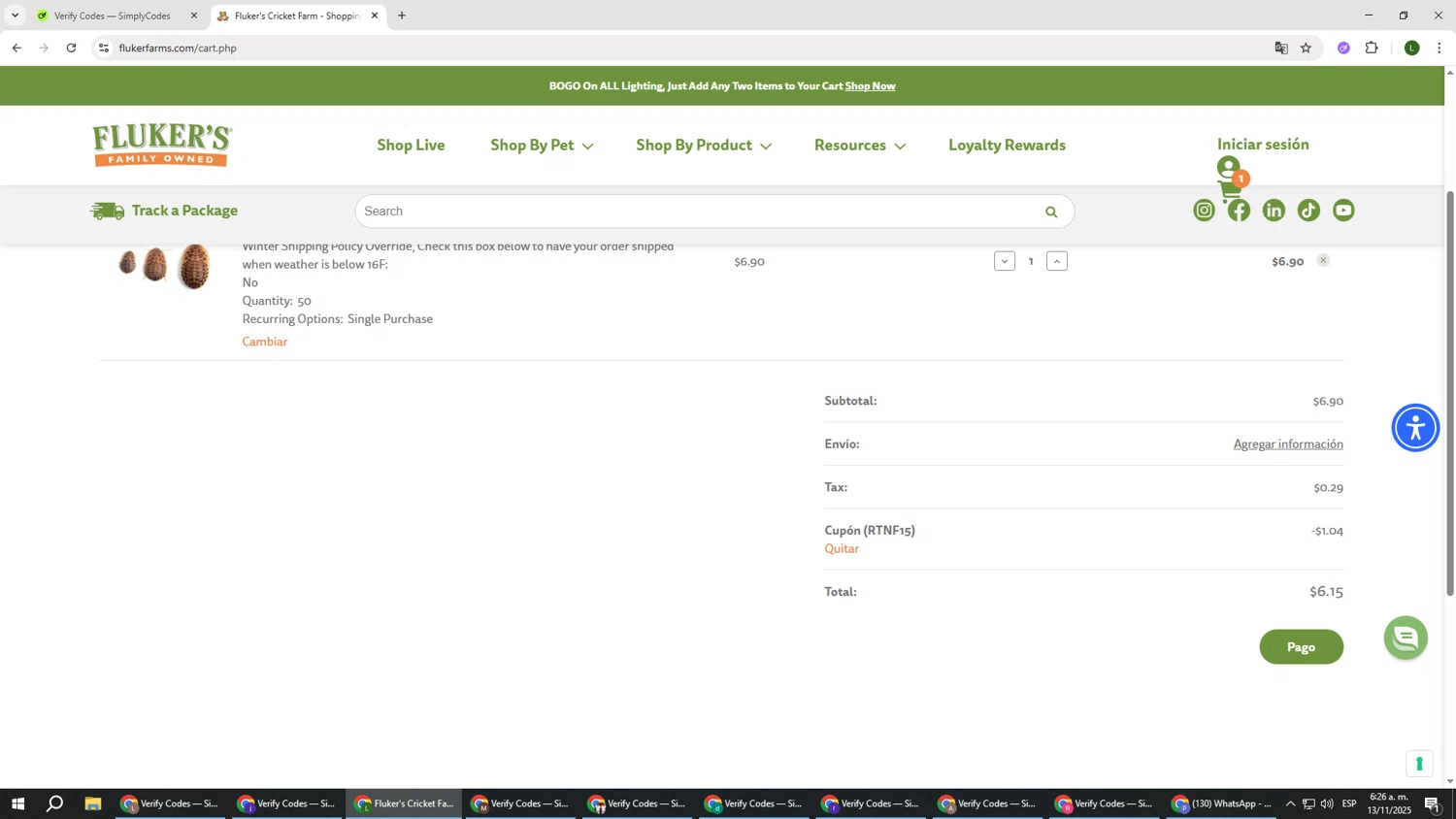 Fluker Farms promo code screenshot showing code RTNF15 applied at Fluker Farms checkout page. Uploaded by SimplyCodes community member DUCATI on Nov 13, 2025