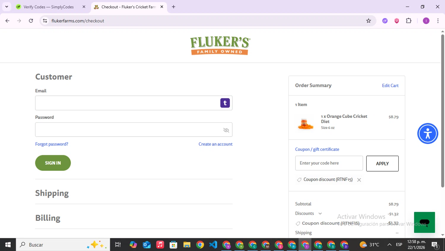 Fluker Farms promo code screenshot showing code RTNF15 applied at Fluker Farms checkout page. Uploaded by SimplyCodes community member RebateAce6764 on Jan 22, 2026