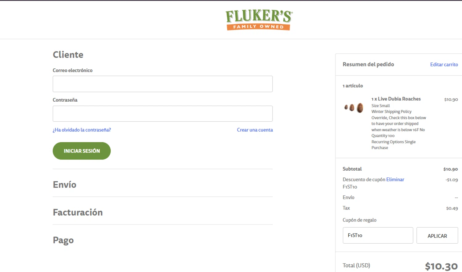 Fluker Farms promo code screenshot showing code F1ST10 applied at Fluker Farms checkout page. Uploaded by SimplyCodes community member ashe1986 on Sep 5, 2025