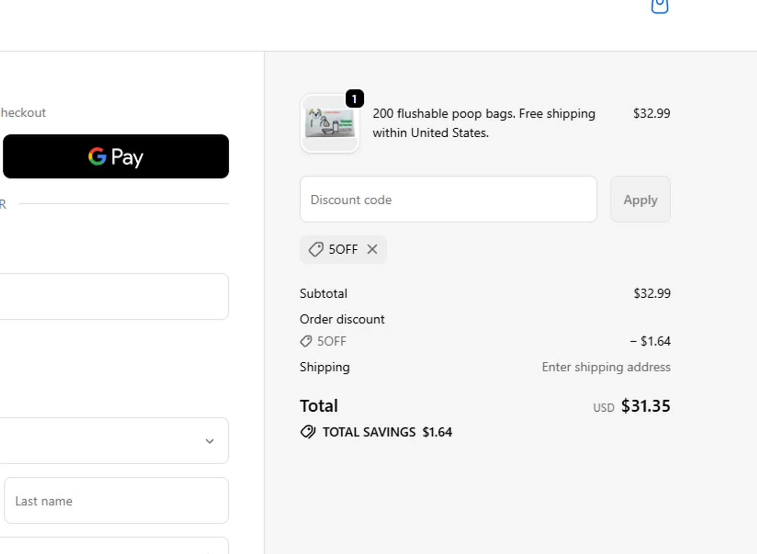 Flush Doggy promo code screenshot showing code 5OFF applied at Flush Doggy checkout page. Uploaded by SimplyCodes community member chepipi on Jan 11, 2026