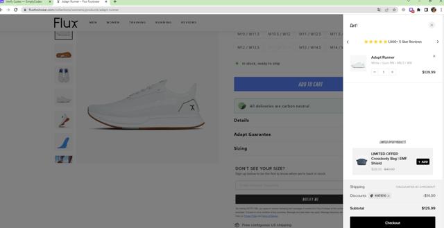 Flux Footwear checkout page showing Flux Footwear discount code box | Screenshot taken by SimplyCodes community member on Apr 29, 2023